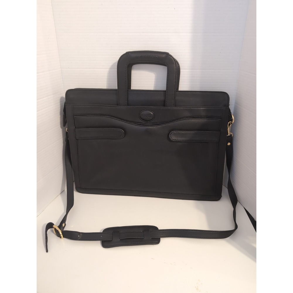 Vtg. Kluge Black Leather Briefcase Crossbody Strap‎ & Drop Handle Laptop Storage